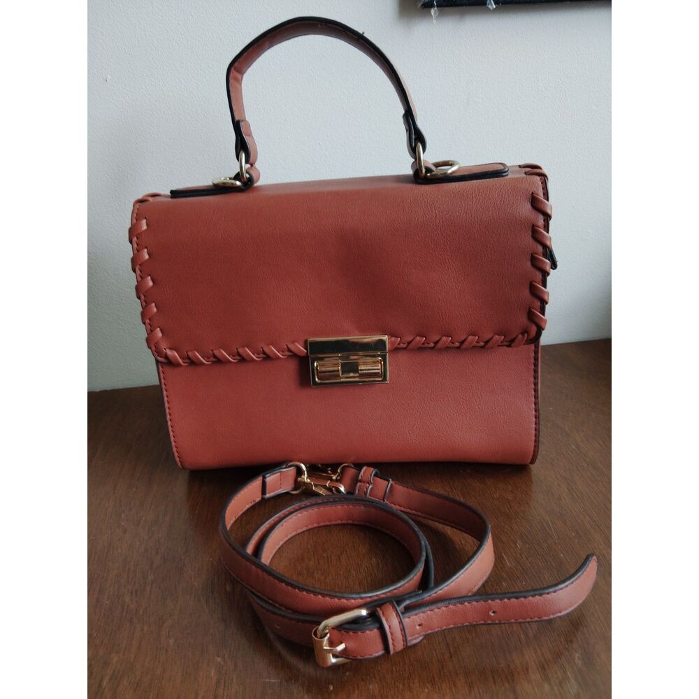 Vegan Leather Crossbody Handbag Flap Goldtone Push Lock